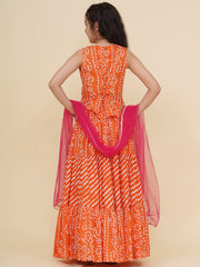 Girls Boho Design Pink Embroidered Choli Orange Bandhej Leheriya Ready to Wear Lehenga With Dupatta