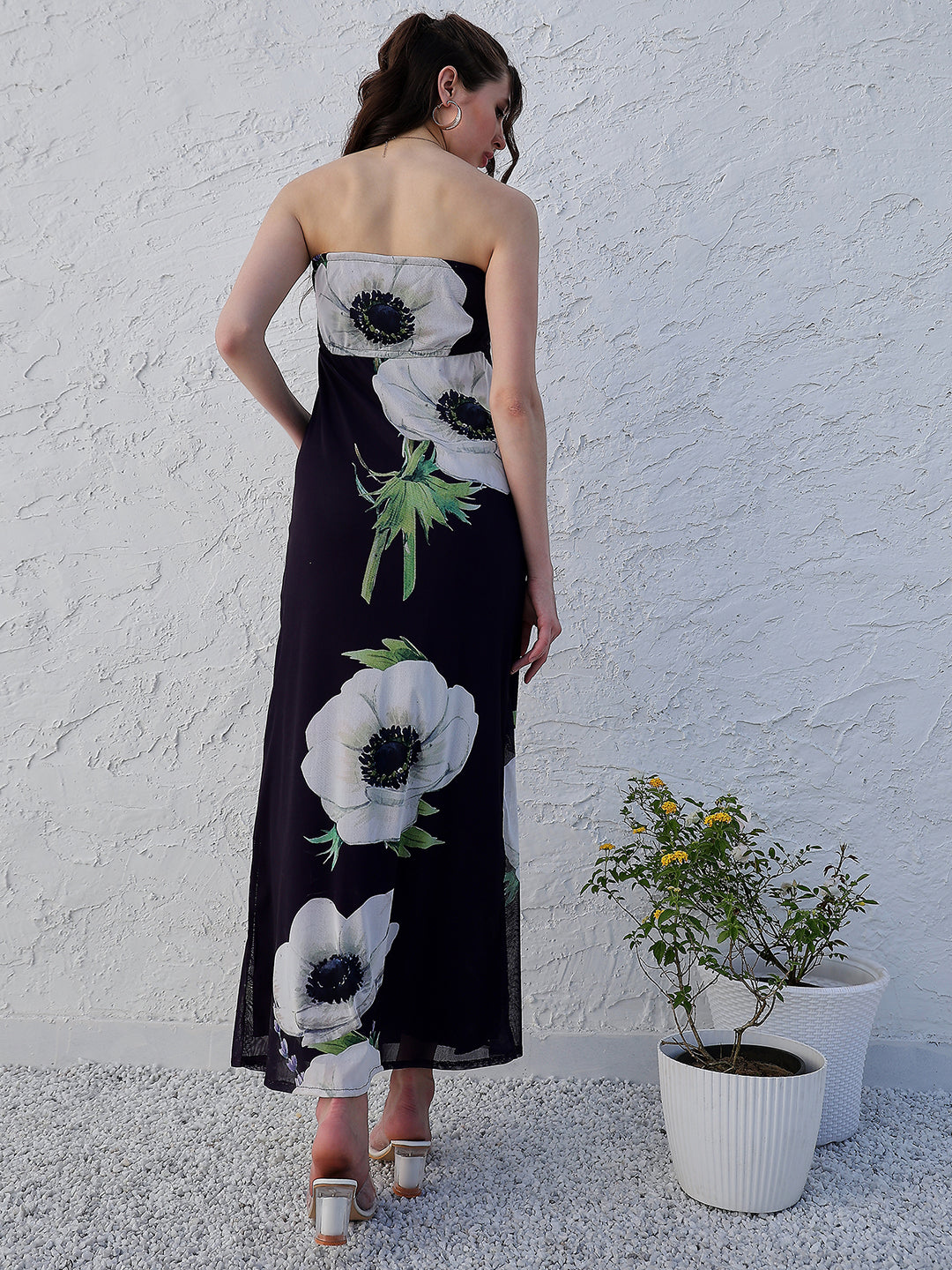 Black Floral Printed Strapless Maxi Dress