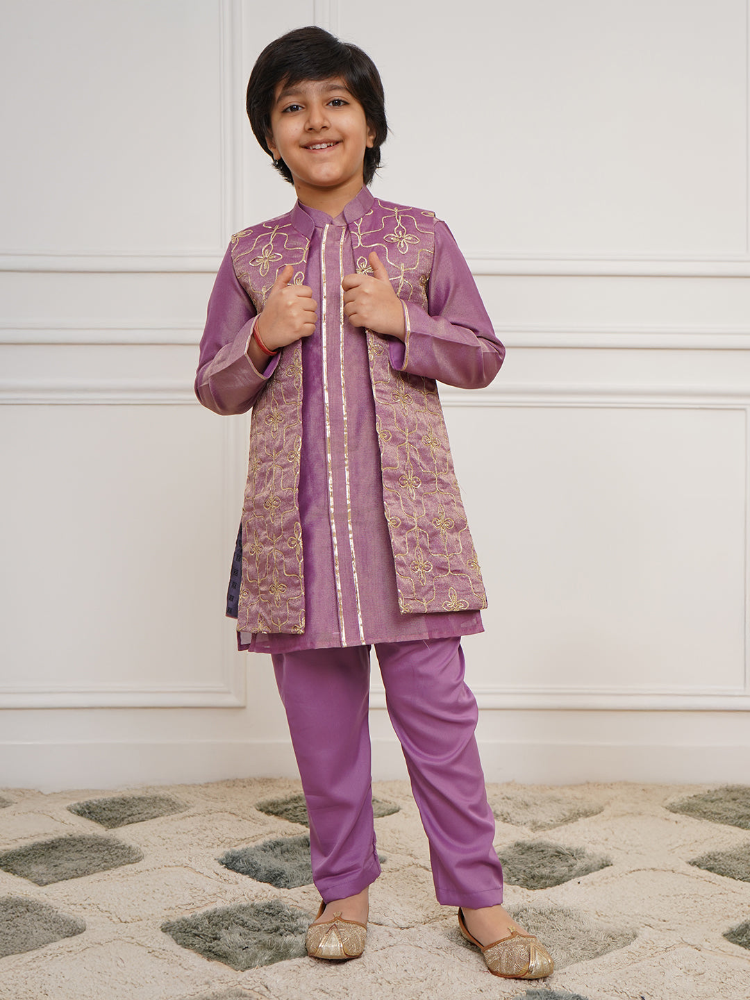Boys' Purple Jacket, Kurta and Pyjama Set