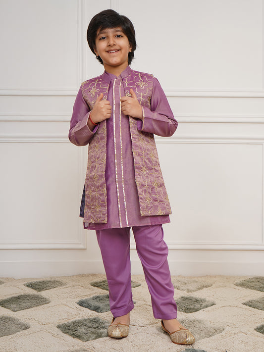Boys' Purple Jacket, Kurta and Pyjama Set