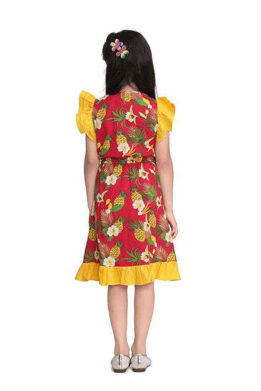Girls Pinapple Print Polyester Crepe Dress with Ruffle