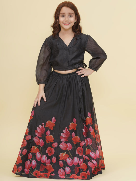 Girls Indo-Western Black & Pink Digital Printed Choli Ready to wear Lehenga