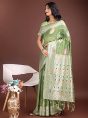 Elegant Olive Green Linen Cotton Saree with Zari Border & Woven Motifs – Perfect for Sophisticated Everyday & Festive Looks