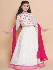 Girls White Embroidered Choli White Woven Design Ready to Wear Lehenga With Dupatta