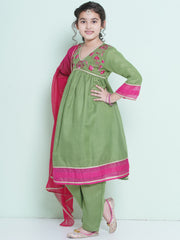 Girls Green Embroidered Alia Design Kurta With Trousers With dupatta
