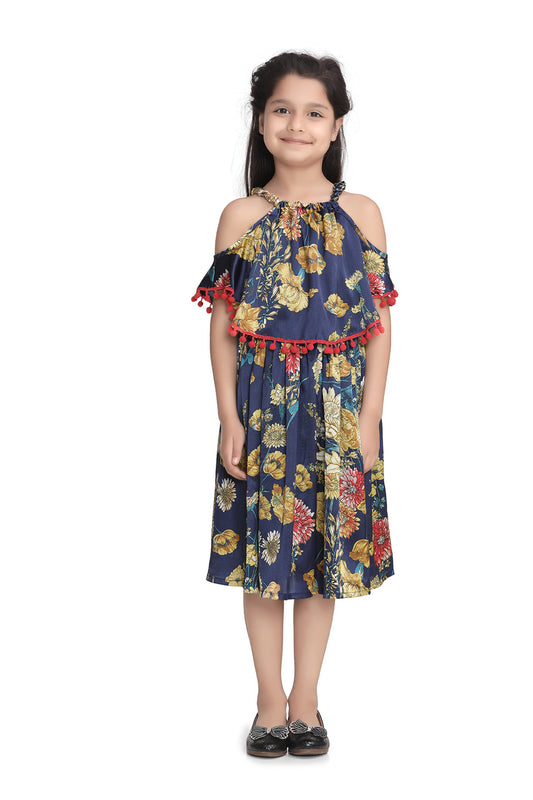 Navy Floral Printed Satin Dress with Pom Pom Lace