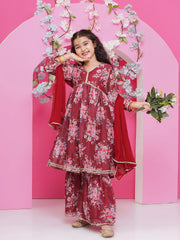 Girls Maroon Floral Printed Alia Design Kurta with Sharara with dupatta