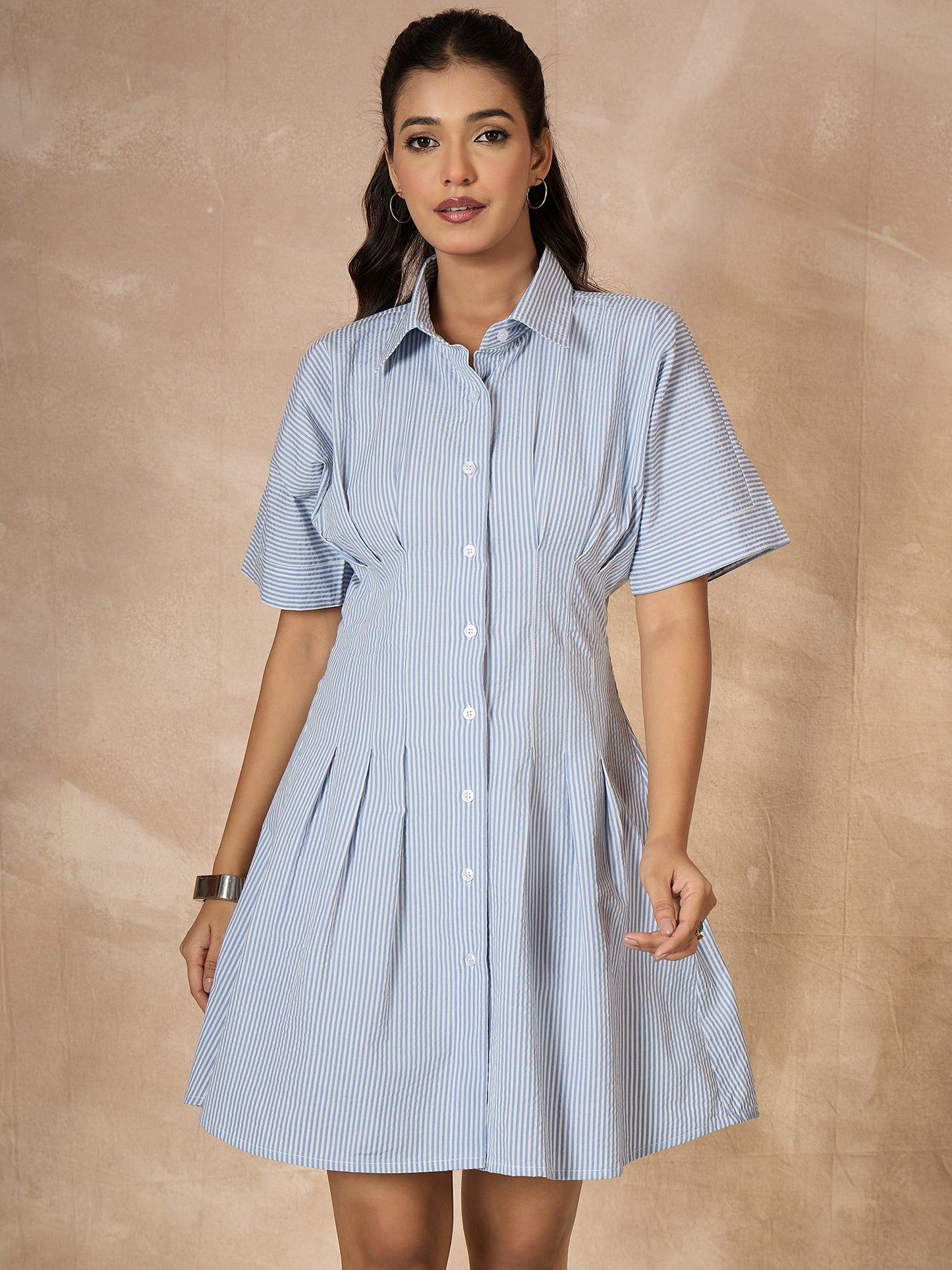 StyleStone Women's Cotton Blue Stripe Dress with Waist Fitting