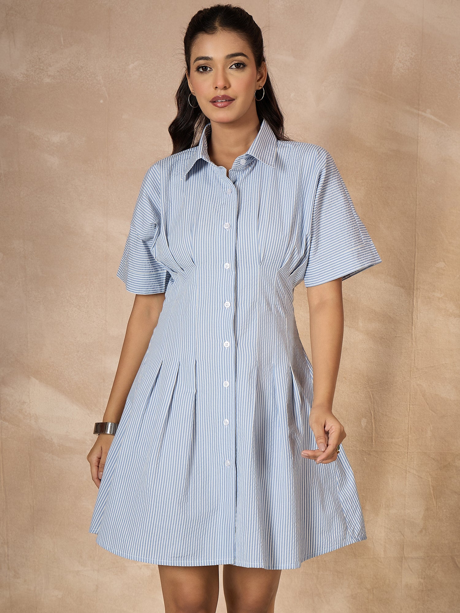StyleStone Women's Cotton Blue Stripe Dress with Waist Fitting