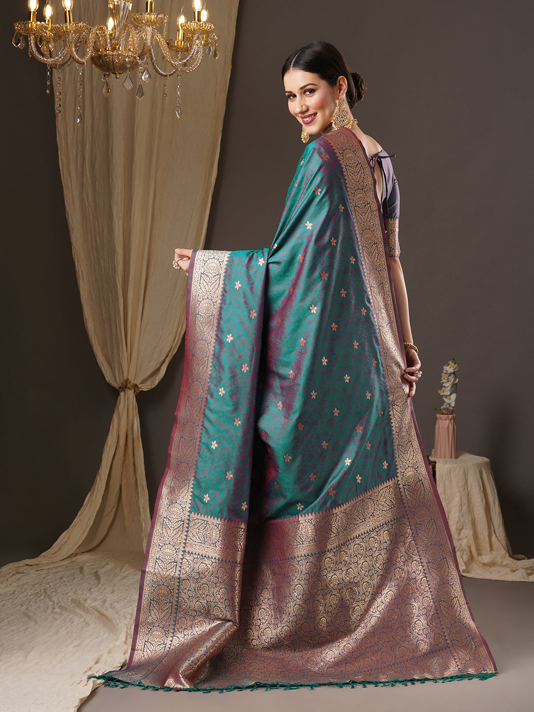 Women's Silk Blend Tealblue WovenDesign DesignerSaree With Blouse Piece