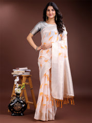 Elegant White & Light Green Leaf Print Cotton Saree for Women with Zari Border & Tassels – Soft & Lightweight Daily Wear Saree