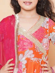 Girls Orange Multi Floral Printed Angrakha Gotta Patti Kurta & Sharara set With Dupatta