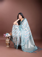White & Maroon Woven Linen Cotton Saree with Rich Zari Border – Soft Festive Wear Saree for Women