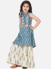 cotton Woven Sleeveless Floral Print A Line Kurta And Sharara Set - Blue