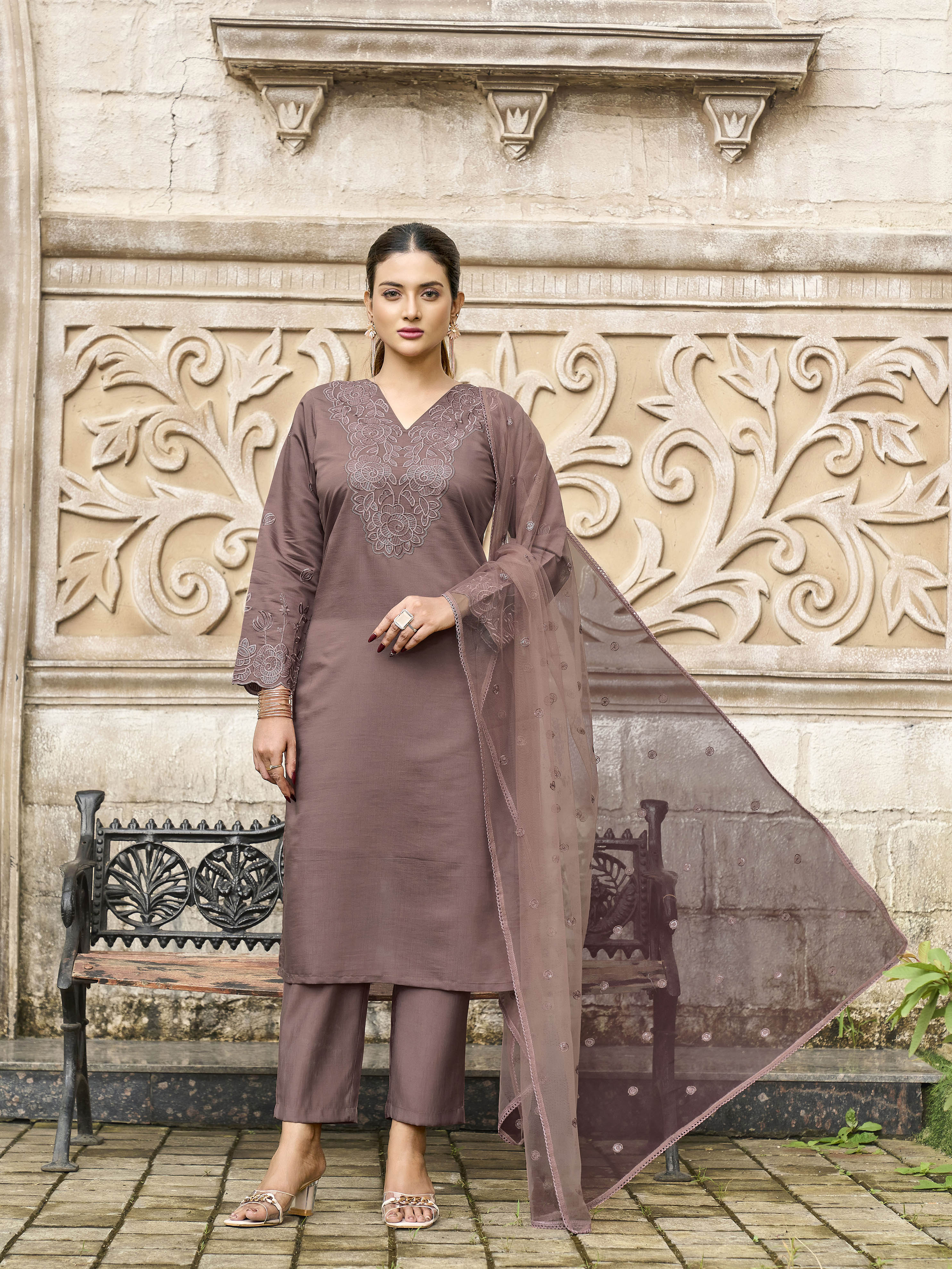 Brown color silk blend with thread & sequence work kurta & trouser with dupatta set 