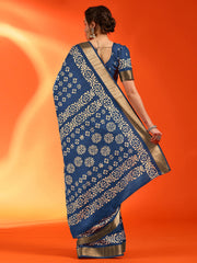 Women's Silk Blend Blue Printed Designer Saree With Blouse Piece