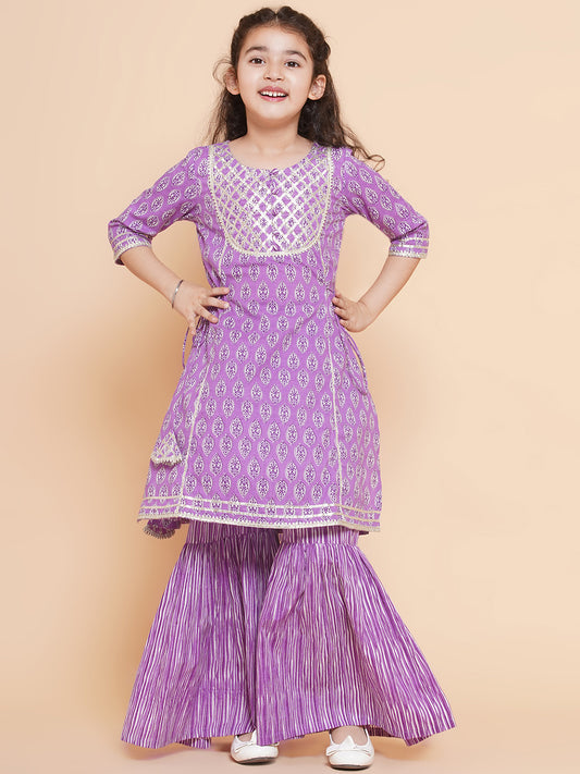 Girls Purple Printed Cotton Kurta with Sharara