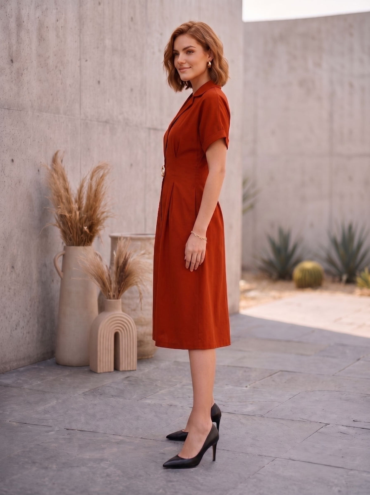 Rust Lapel Collar Embellished Dress-ADR-21218