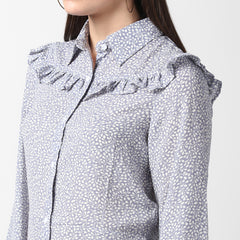 Women's Blue and White Floral Printed Dress with Ruffle Detail