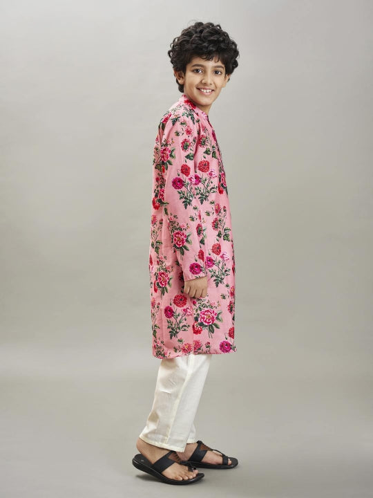 Boys Peach floral printed kurta with a off white pajama