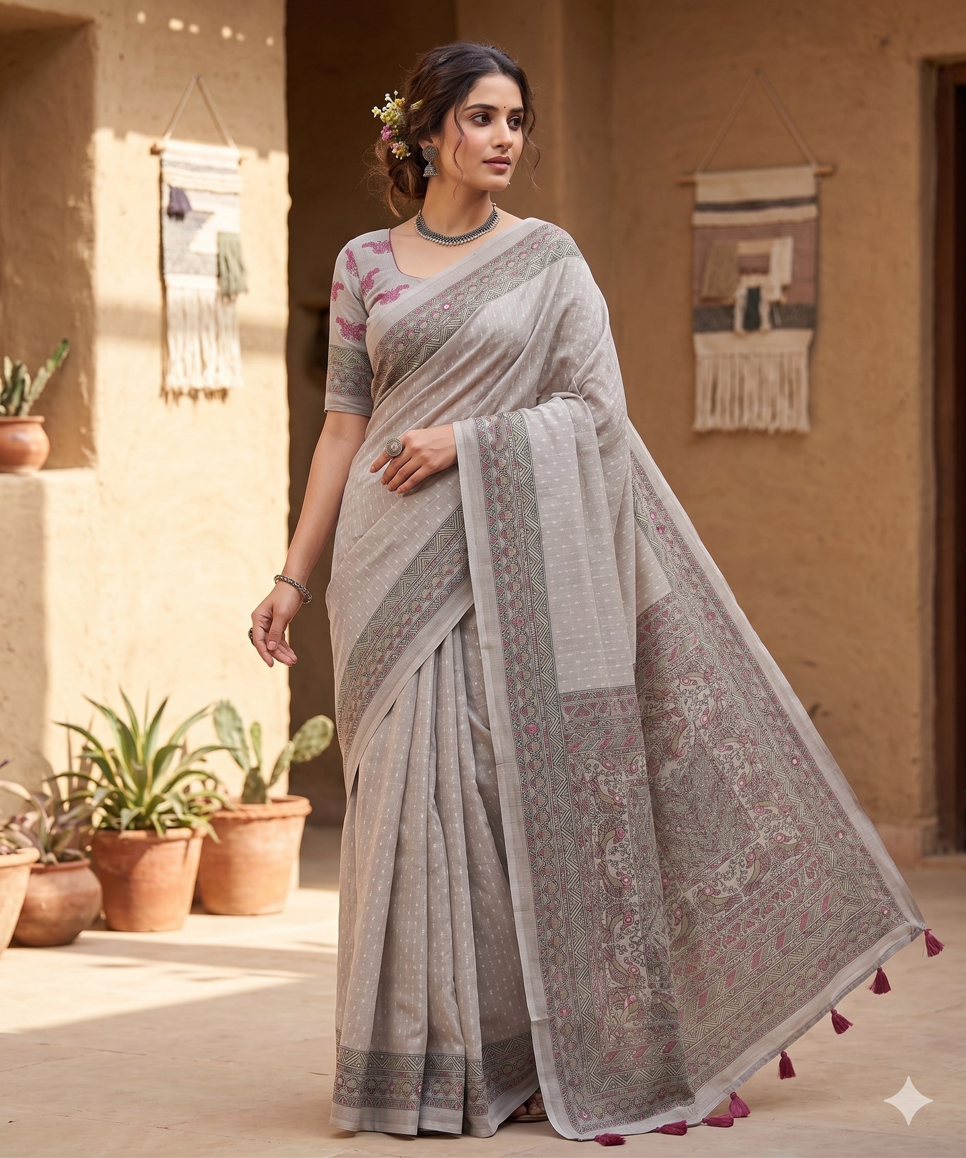 Soft linen saree with shaded style prints.