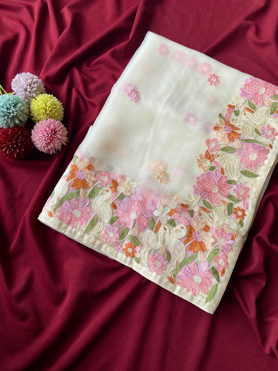 CHIFFON SAREE WITH ALL OVER DESIGNER EMBROIDERY PATTERN ALONGWITH BEAUTIFUL MOTIFS.