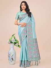 Premium Pink & Sky Blue Floral Woven Lichi Silk Saree with Rich Pallu & Tassels – Festive & Party Wear for Women