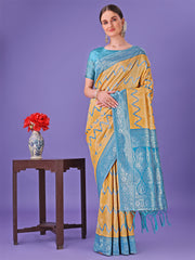 Cream & Green Lichi Silk Saree with Rich Woven Border and Zigzag Pattern – Wedding & Festive Wear