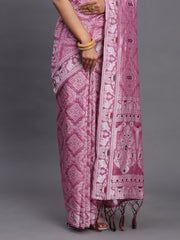Sky Blue Linen Cotton Saree with Multicolor Elephant & Temple Motifs – Traditional Woven Pallu & Tassels
