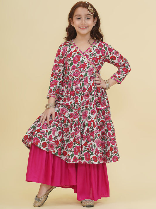 Girls Off-White Floral Printed Angrakha Kurta with Sharara