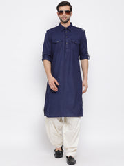 Men's Blue Cotton Blend Pathani Kurta