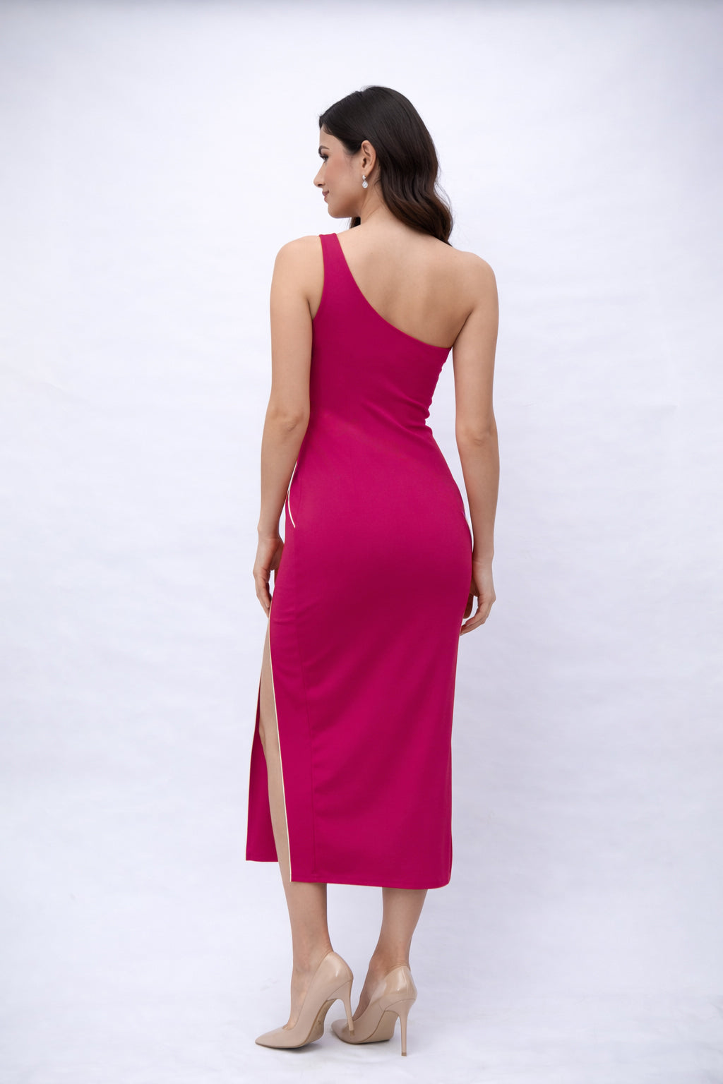 Fuchsia One Shoulder Sheath Midi Dress-ADR-18989