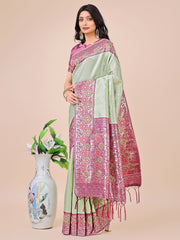 Premium Pink & Sky Blue Floral Woven Lichi Silk Saree with Rich Pallu & Tassels – Festive & Party Wear for Women