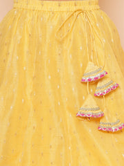 Girls Yellow Jacquard booti Lehenga Choli Ready to Wear with Pink Dupatta