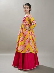 Girls Yellow & Pink Lehariya Digital Print Ready to Wear Lehenga With Kurta