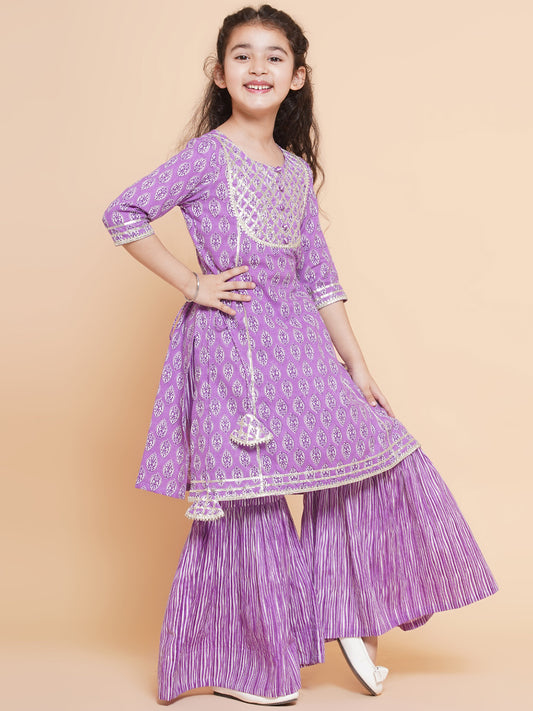 Girls Purple Printed Cotton Kurta with Sharara