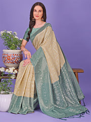 Vibrant Yellow & Blue Lichi Silk Saree with Rich Woven Border and Contrast Blouse – Festive & Wedding Wear