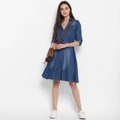 Women's Denim Knee Length Dress with Buttons