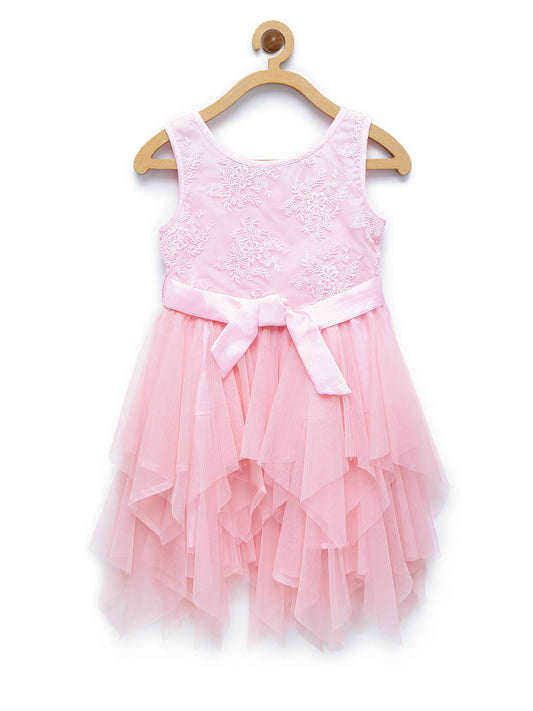 Girls Pink Asymmetrical Hemline Lace and Net Tiered Dress