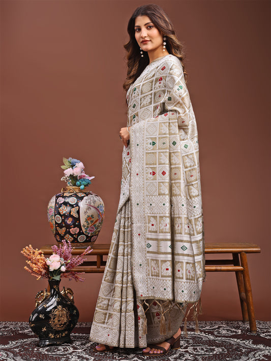 Threads of Tradition: Beige Linen Cotton Saree Woven with Stories of Grace & Heritage