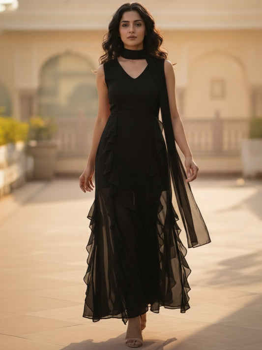 Ruffled Chiffon Fit & Flare Maxi Dress