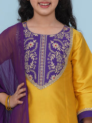Solid Three-Fourth Sleeves Above Knee Length Silk Kurta & Salwar With Dupatta - Yellow