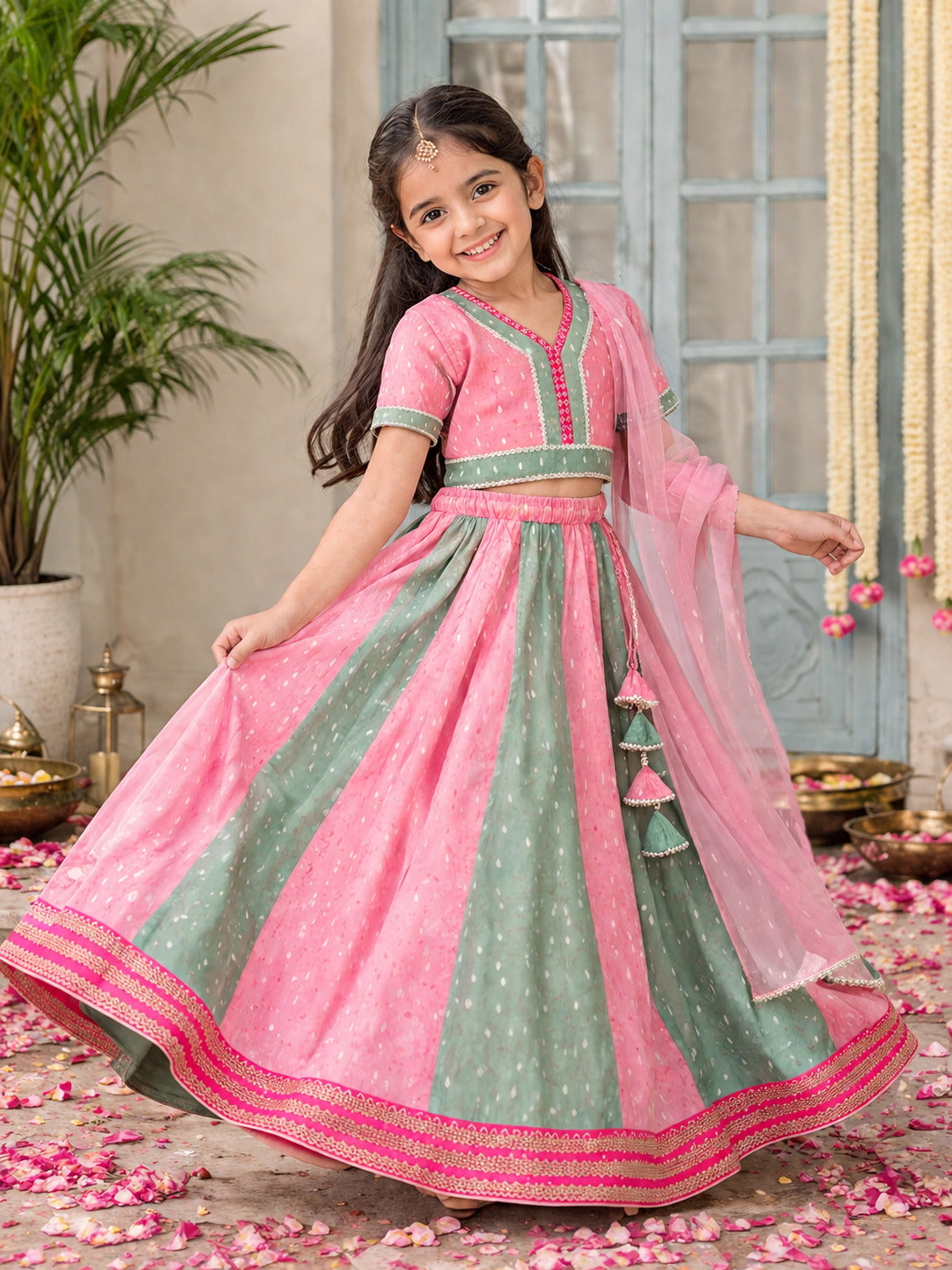 Girls Prach & Green Woven Design with Embroidered Patti Lehenga, Choli, Dupatta