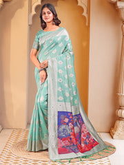 Floral Linen Cotton Saree with Zari Border & Digital Printed Pallu - Elegant Sari for Festive Occasions