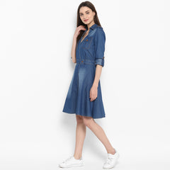 Women's Denim Knee Length Dress with Buttons