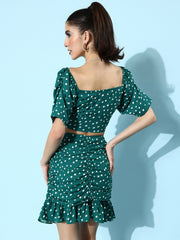 Women's Pleated Green Polka Top & Skirt Co-Ord Set