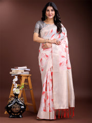 Elegant White & Light Green Leaf Print Cotton Saree for Women with Zari Border & Tassels – Soft & Lightweight Daily Wear Saree