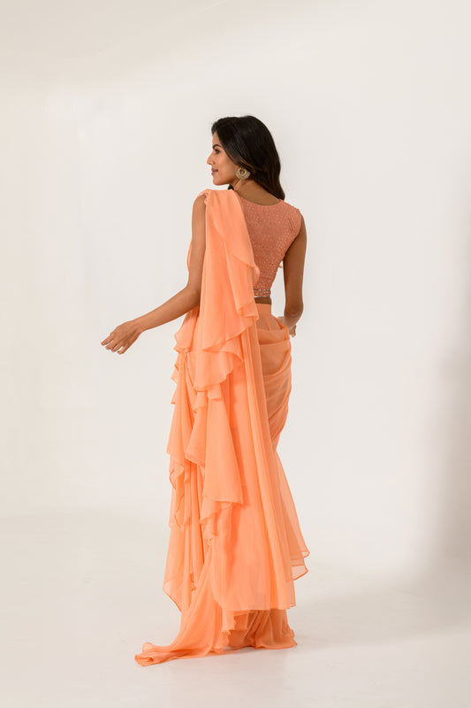 Embellished Orange Blouse with Chiffon Ruffle Saree