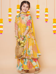 Silk blend Woven Three-Quarter Sleeves Floral Print Flared Kurta And Sharara With Dupatta Set - Yellow