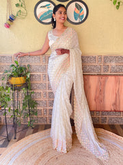 Women's Georgette OffWhite Embellished DesignerSaree With Blouse Piece